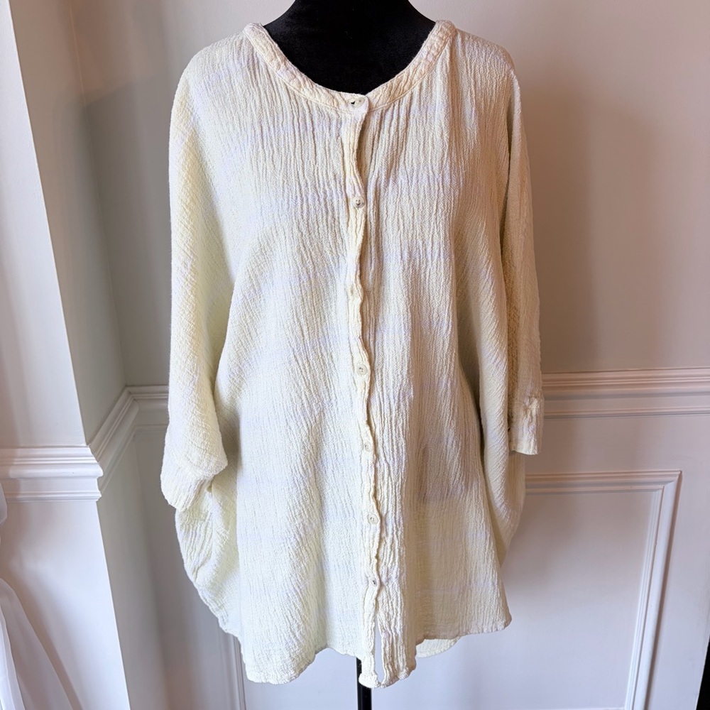 We The Free Linen Blend Striped Button Down Oversized Gauze Top